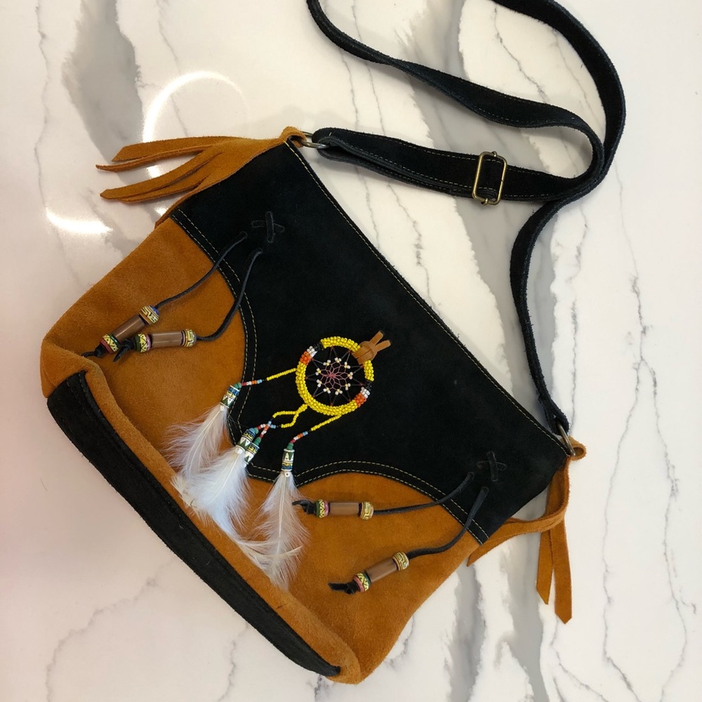 Native American Suede Leather Shoulder Bag Embellished with a Dream Catcher